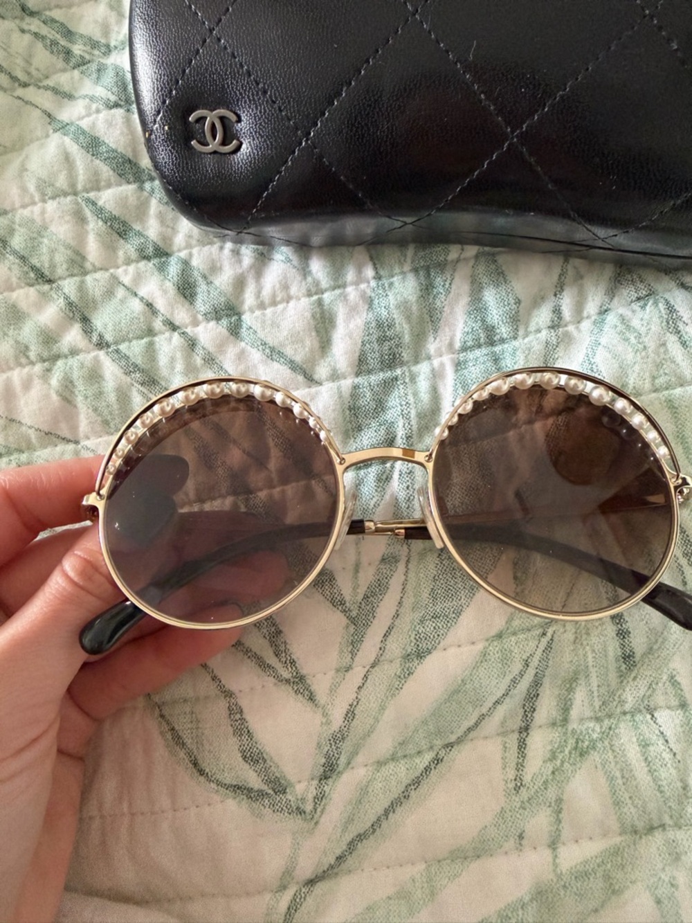 CHANEL Gold Frame Brown Lens Sunglasses with Pearl Trim - Picture 2 of 5
